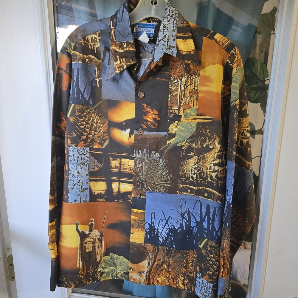 Vintage 1970s Hawaiian Photo Print Mens Disco Shirt